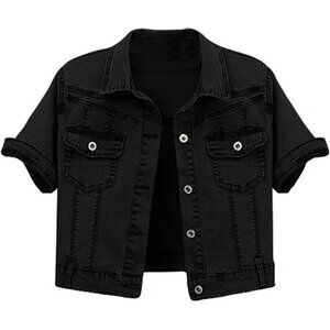 🆕Women Black Short Sleeve Slim Crop Denim Trucker Jacket Jean Coat Tops
